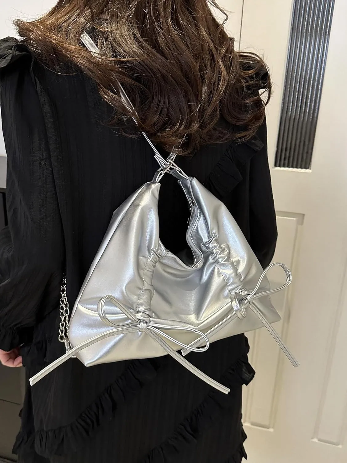 Chic Tote PU Bag for Women Cute Bow Detail Soft Waterproof Material Versatile for Travel and Work (Silver)