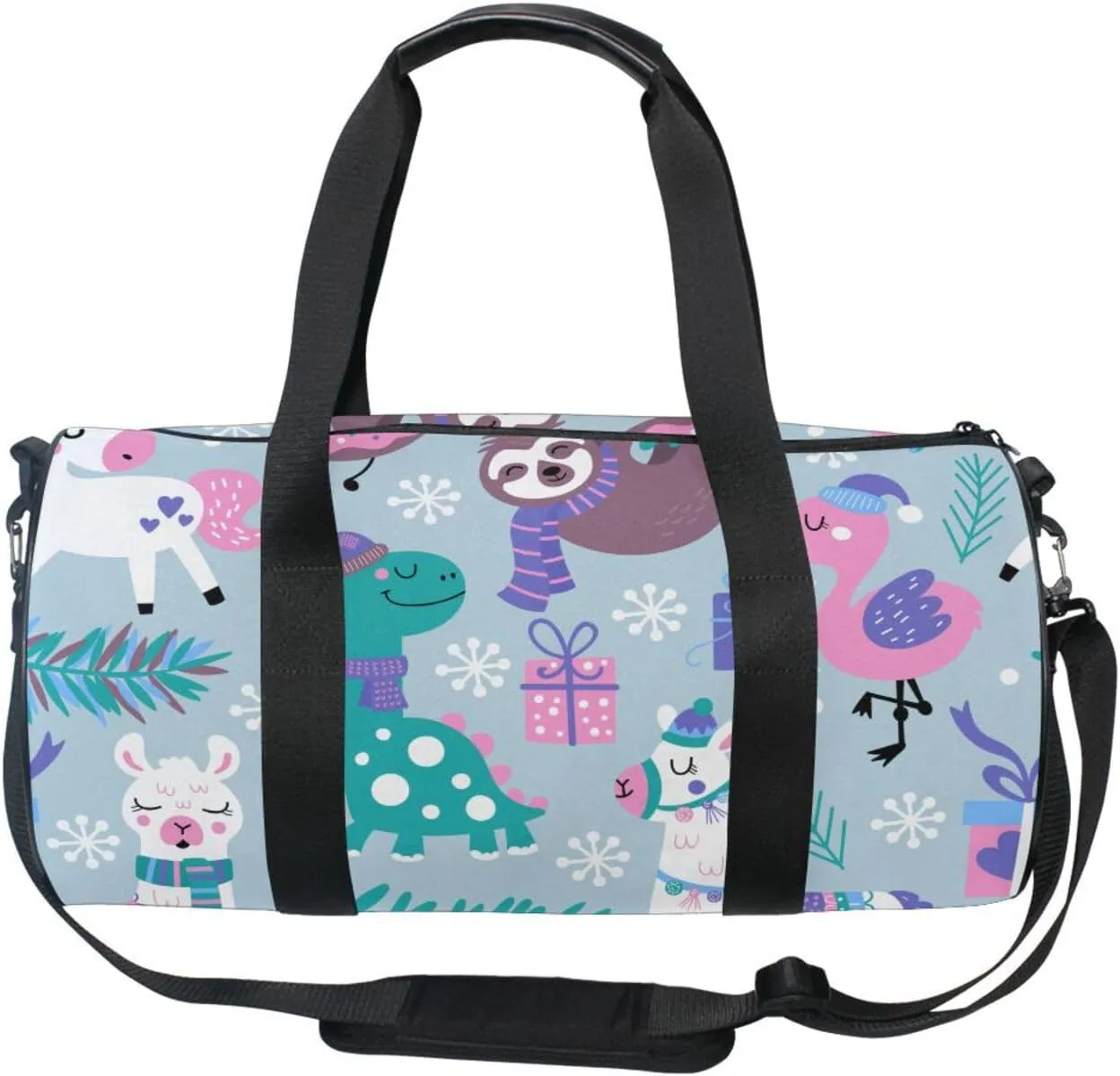 Childish Dinosaur Llama Flamingo Sloth Leaves White Snowflakes Portable Gym Bag, Travel Bag, Luggage bag, Sports Bag, Toiletry Bag with Handles, Detachable Shoulder Strap 17.6 x 9 x 9 inch