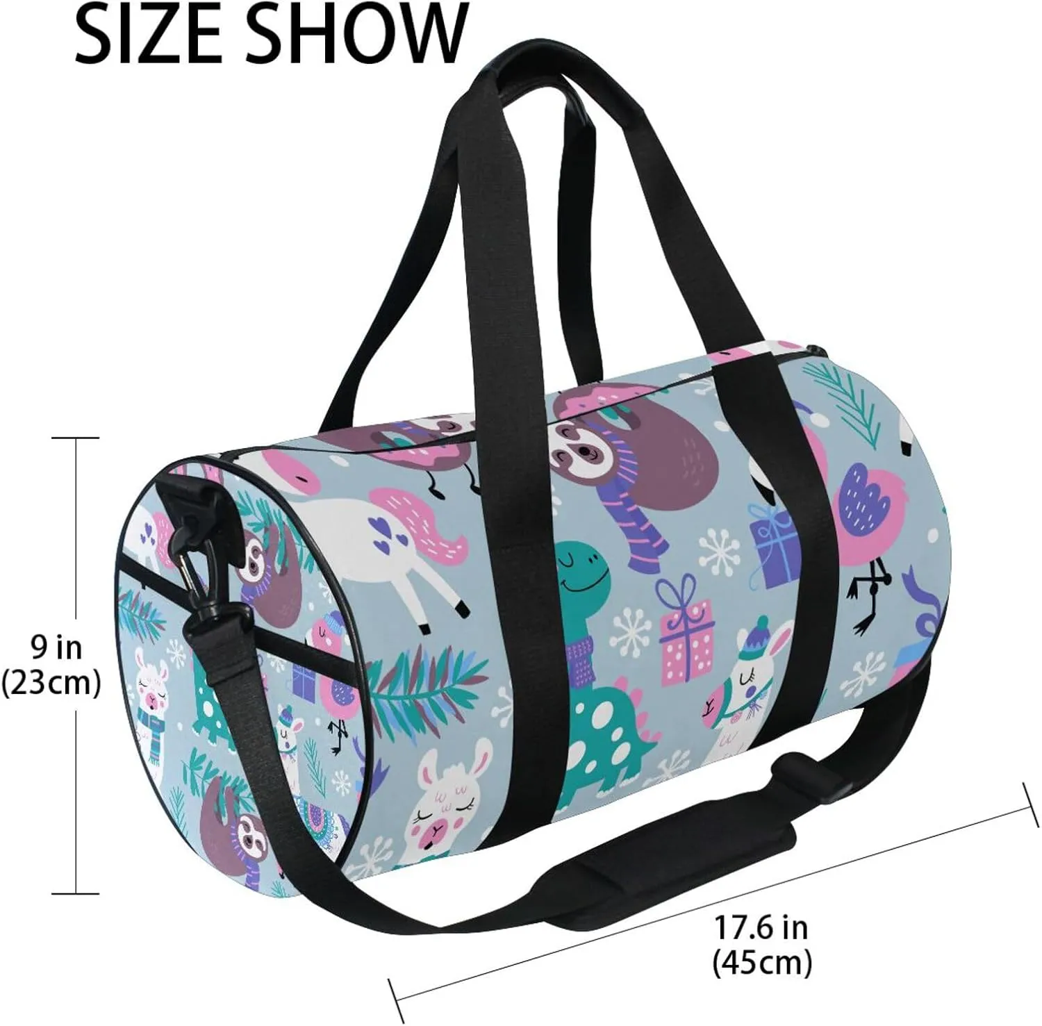 Childish Dinosaur Llama Flamingo Sloth Leaves White Snowflakes Portable Gym Bag, Travel Bag, Luggage bag, Sports Bag, Toiletry Bag with Handles, Detachable Shoulder Strap 17.6 x 9 x 9 inch