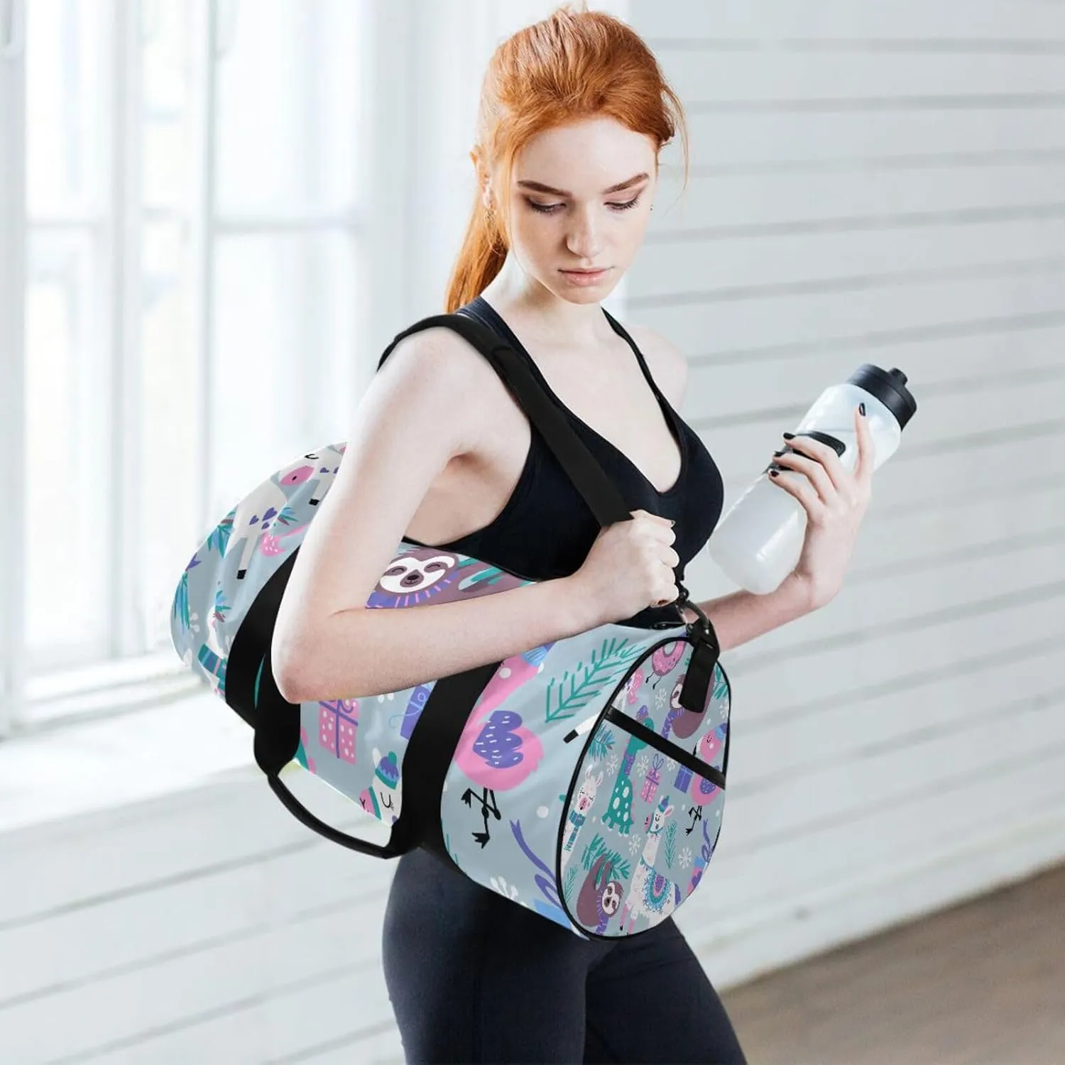 Childish Dinosaur Llama Flamingo Sloth Leaves White Snowflakes Portable Gym Bag, Travel Bag, Luggage bag, Sports Bag, Toiletry Bag with Handles, Detachable Shoulder Strap 17.6 x 9 x 9 inch