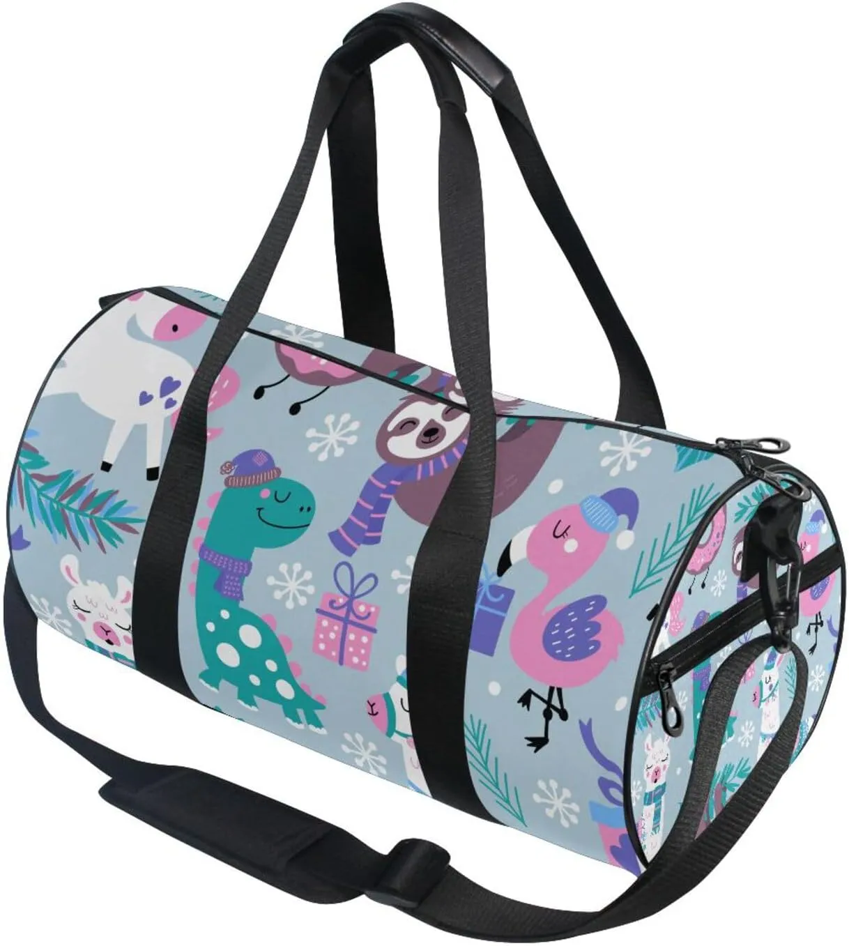Childish Dinosaur Llama Flamingo Sloth Leaves White Snowflakes Portable Gym Bag, Travel Bag, Luggage bag, Sports Bag, Toiletry Bag with Handles, Detachable Shoulder Strap 17.6 x 9 x 9 inch