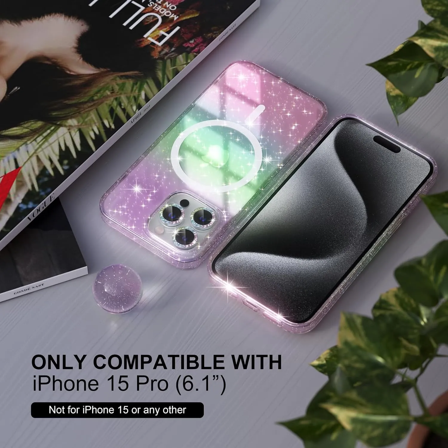 Choiche for iPhone 15 Pro Case Magnetic, Women Clear Glitter Bling Sparkly Case, [3xDiamond Camera Lens Protectors] [2xTempered Glass Screen Protectors] [Compatible MagSafe] (Glitter Colorful)