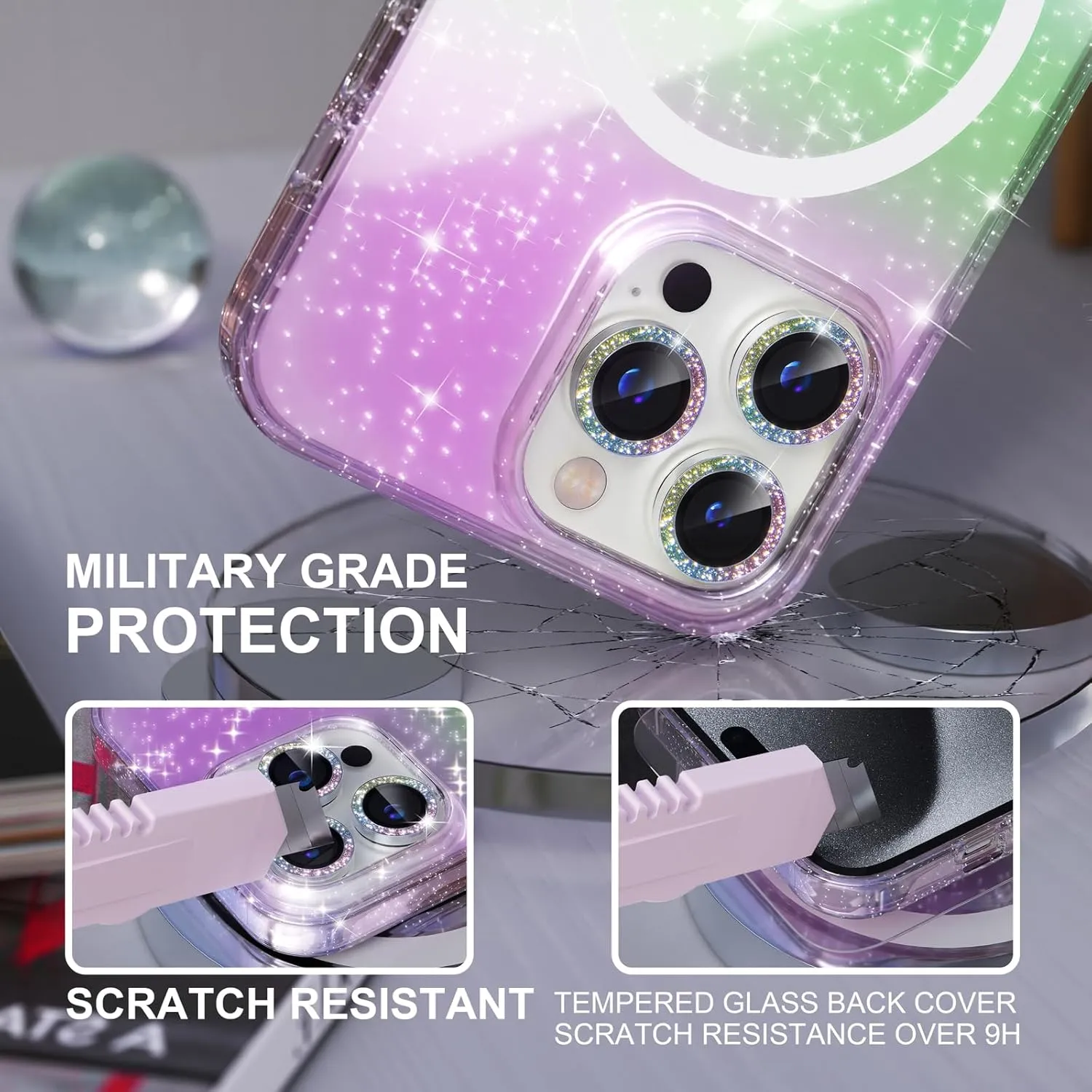 Choiche for iPhone 15 Pro Case Magnetic, Women Clear Glitter Bling Sparkly Case, [3xDiamond Camera Lens Protectors] [2xTempered Glass Screen Protectors] [Compatible MagSafe] (Glitter Colorful)