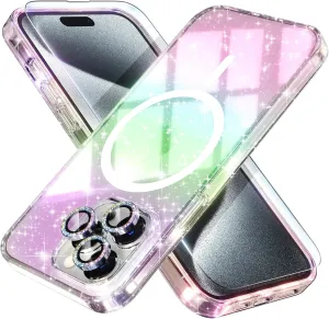 Choiche for iPhone 15 Pro Case Magnetic, Women Clear Glitter Bling Sparkly Case, [3xDiamond Camera Lens Protectors] [2xTempered Glass Screen Protectors] [Compatible MagSafe] (Glitter Colorful)