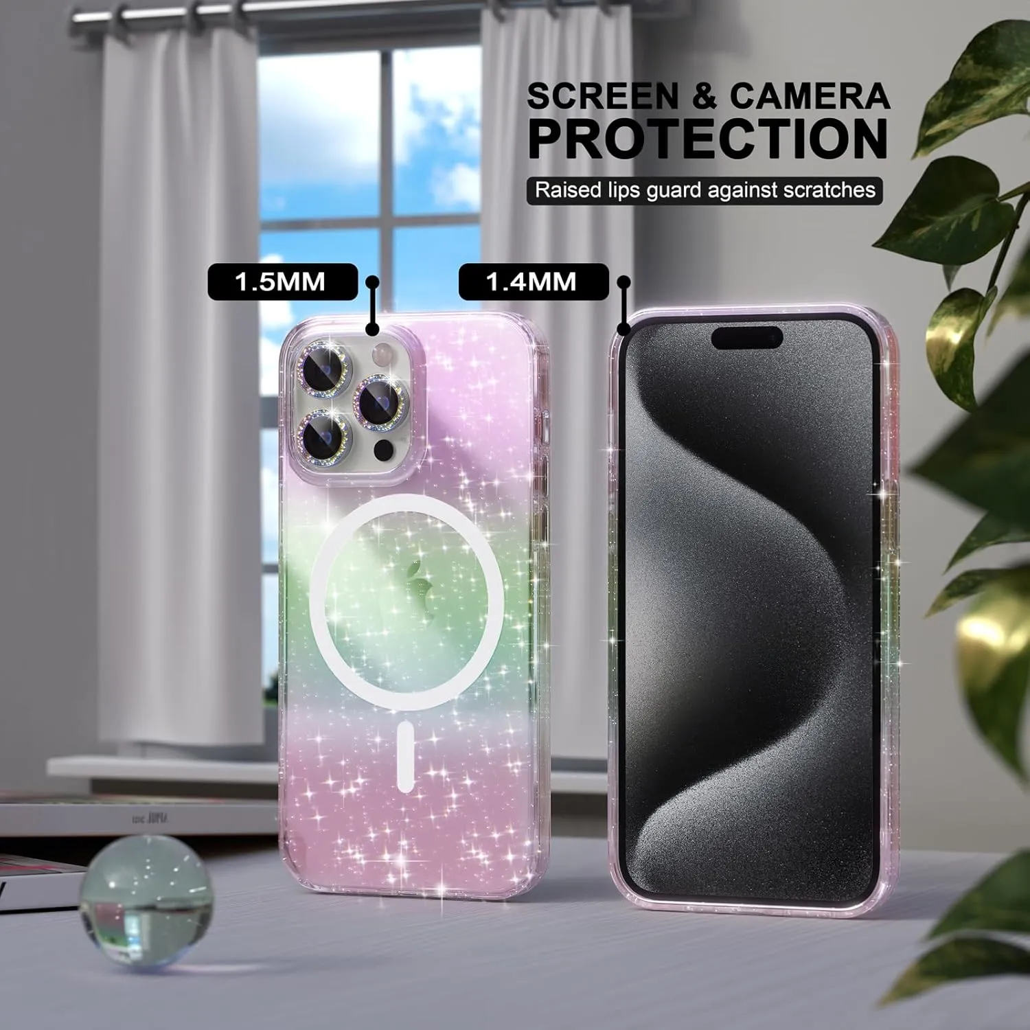 Choiche for iPhone 15 Pro Case Magnetic, Women Clear Glitter Bling Sparkly Case, [3xDiamond Camera Lens Protectors] [2xTempered Glass Screen Protectors] [Compatible MagSafe] (Glitter Colorful)