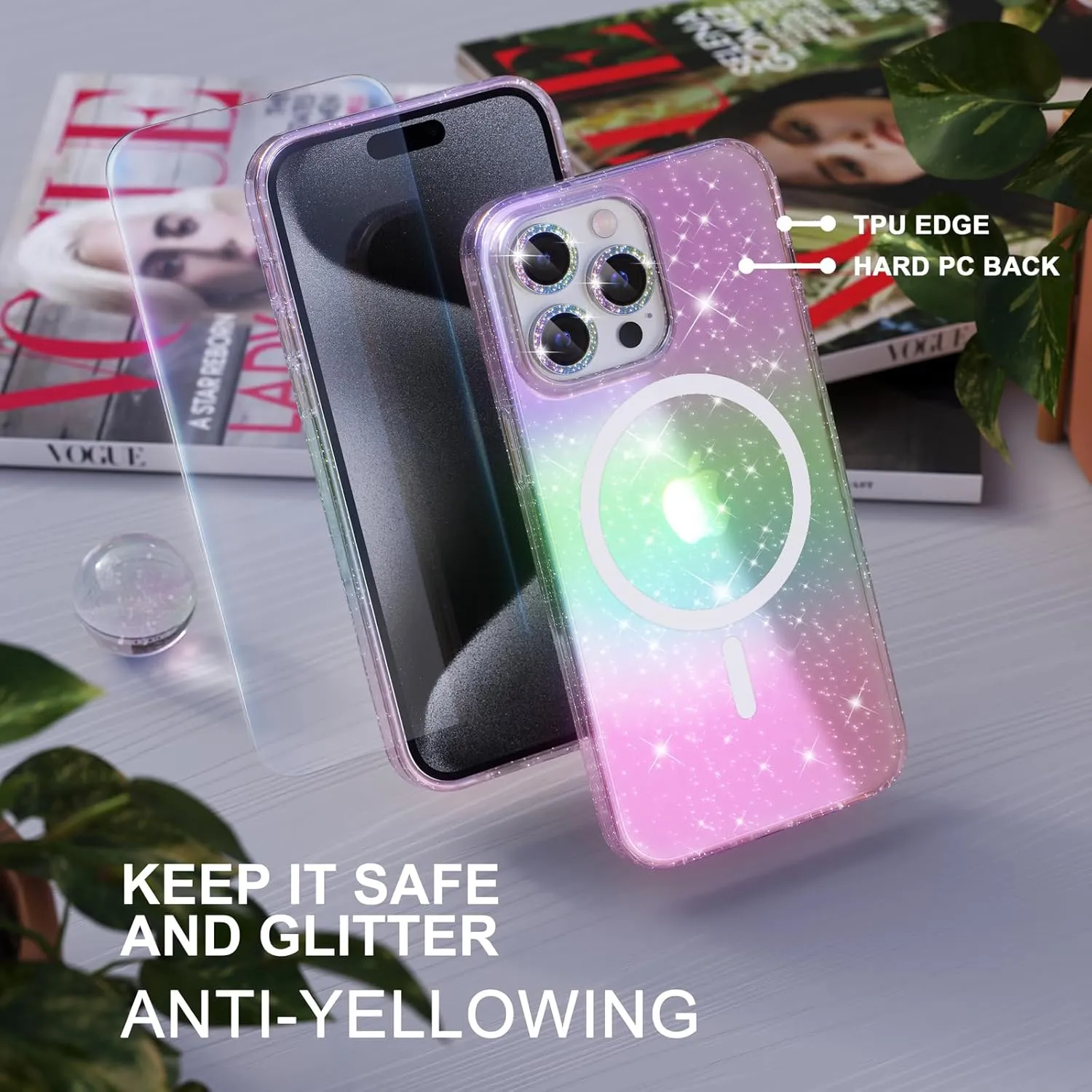 Choiche for iPhone 15 Pro Case Magnetic, Women Clear Glitter Bling Sparkly Case, [3xDiamond Camera Lens Protectors] [2xTempered Glass Screen Protectors] [Compatible MagSafe] (Glitter Colorful)
