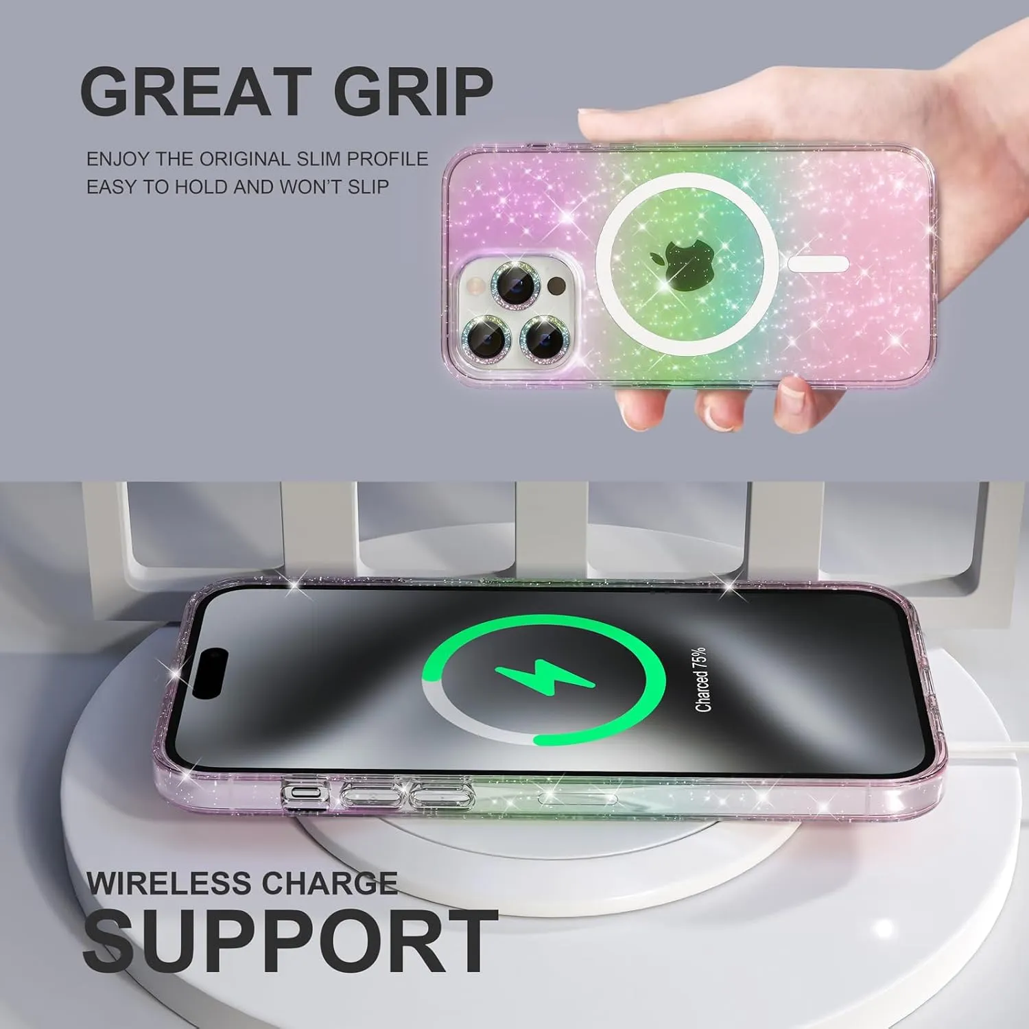 Choiche for iPhone 15 Pro Case Magnetic, Women Clear Glitter Bling Sparkly Case, [3xDiamond Camera Lens Protectors] [2xTempered Glass Screen Protectors] [Compatible MagSafe] (Glitter Colorful)