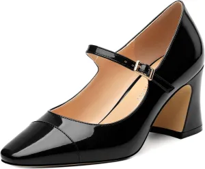 Chunky Block Heels for Women Square Patent Mary Jane Closed Toe Slip On Pumps Party Dress Wedding Shoes 2.5Inch