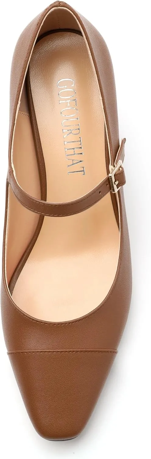 Chunky Heels for Women Square Closed Toe Mary Jane Patent Pumps 2.5 inch Comfortable Dress Shoes