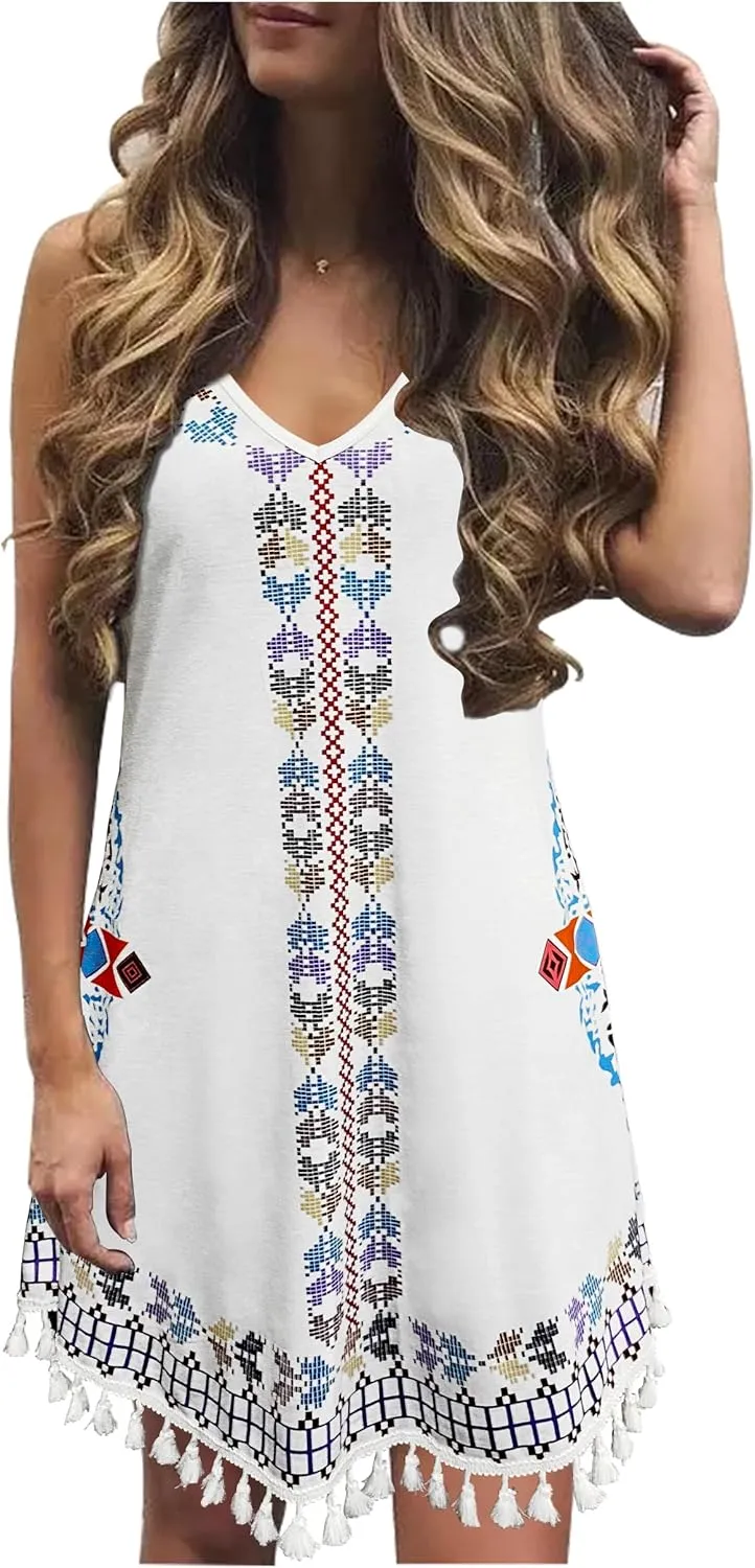 CHUNTIANRAN Mini Dress for Women Summer Beach Vacation T Shirts Sundress Sexy V Neck Sleeveless Tanks Dresses