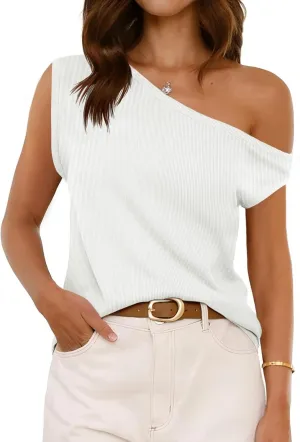 Cicy Bell Womens One Shoulder Tops Summer Ribbed Knit Tank Tops Trendy Casual Loose Fit Sleeveless Tee Shirts