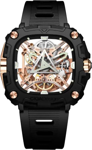 CIGA Design Automatic Watch - X Series Eye of Horus Mechanical Skeleton Watch Bioceramic Case Square Waterproof with Silicone Strap for Men and Women Gift, Analog Display Timepiece