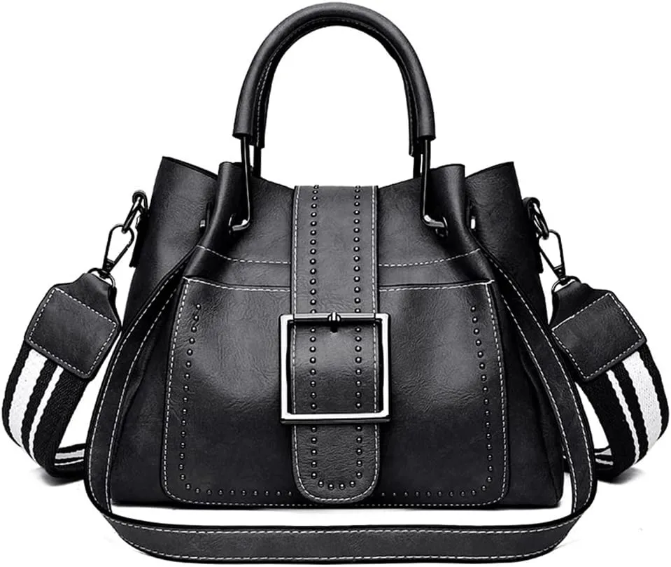 Classic Retro Top Handle Satchel Handbag for Women - Big Capacity Rivet Crossbody Bucket Bag (Black)
