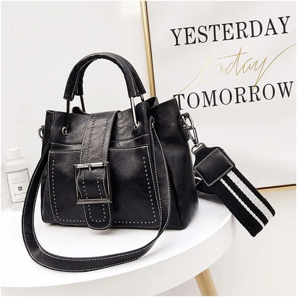Classic Retro Top Handle Satchel Handbag for Women - Big Capacity Rivet Crossbody Bucket Bag (Black)