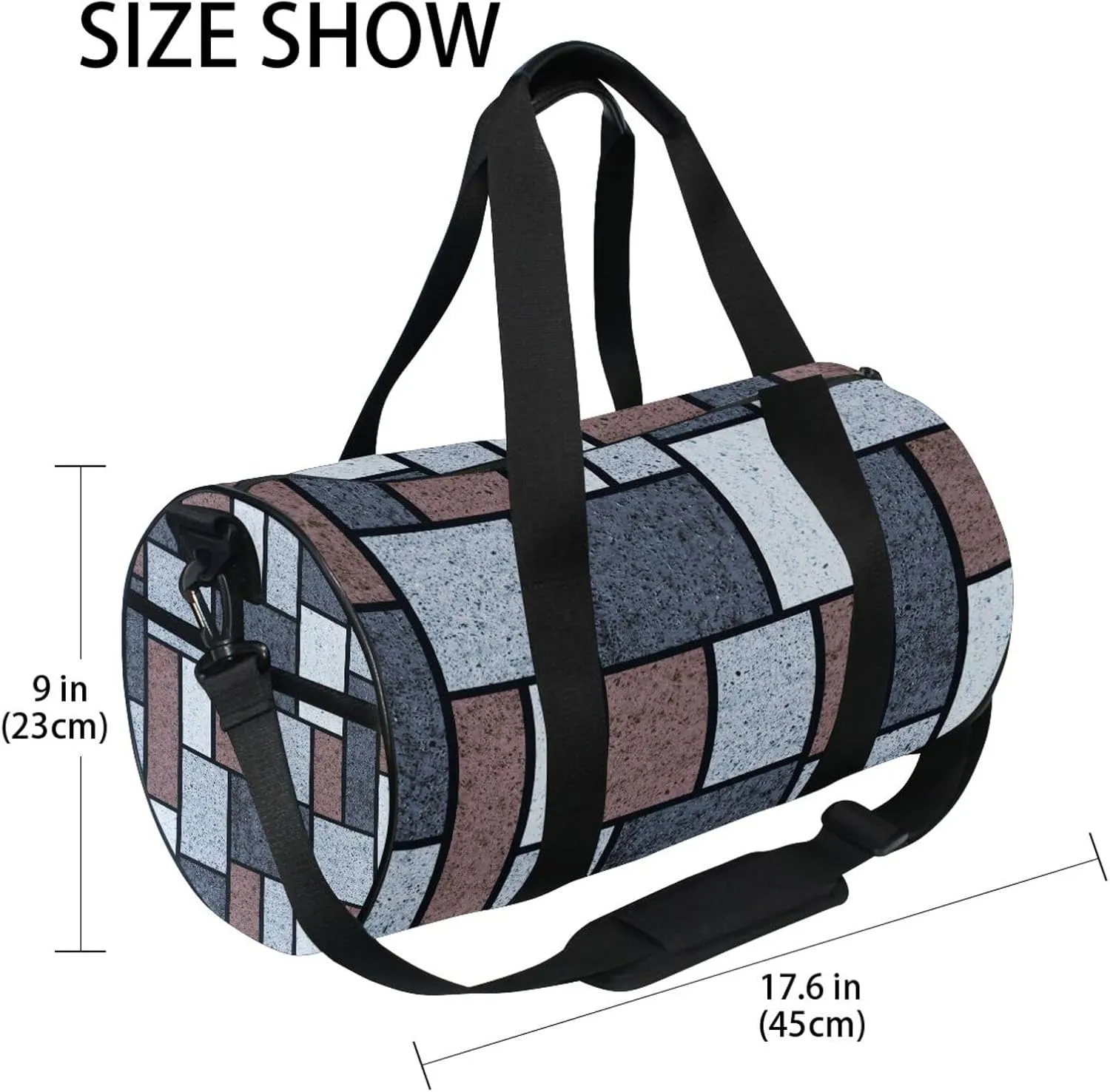 Classic Wall Texture for Tiles Seamless Grey White Brown Rectangles Portable Gym Bag, Travel Bag, Luggage bag, Sports Bag, Toiletry Bag with Handles, Detachable Shoulder Strap 17.6 x 9 x 9 inch