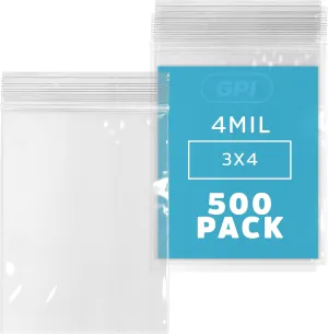 Clear Plastic Reusable Zip Bags - Bulk GPI Pack of 500 3" X 4" 4 Mil Thick Heavy Duty, Strong & Durable Poly Baggies with Resealable Zip Top Lock for Travel, Storage, Packaging & Shipping.