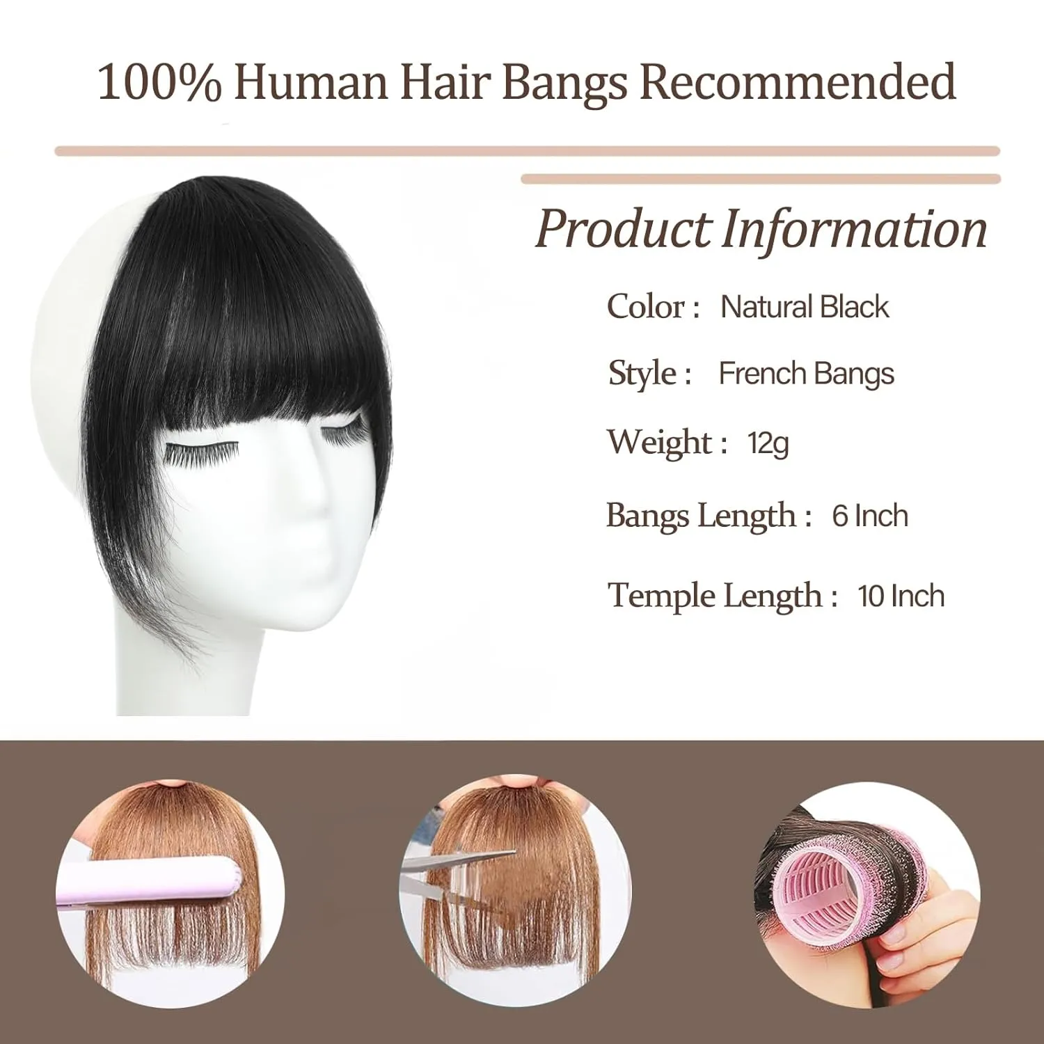 Clip In Bangs-Fake Bangs Hair Clip Natural Black Clip On Bangs Real Human Hair Curtain Bangs For Women Clips French Bangs Hair Extensions Fringe With Temples Hairpieces Curved Bangs For Daily Wear