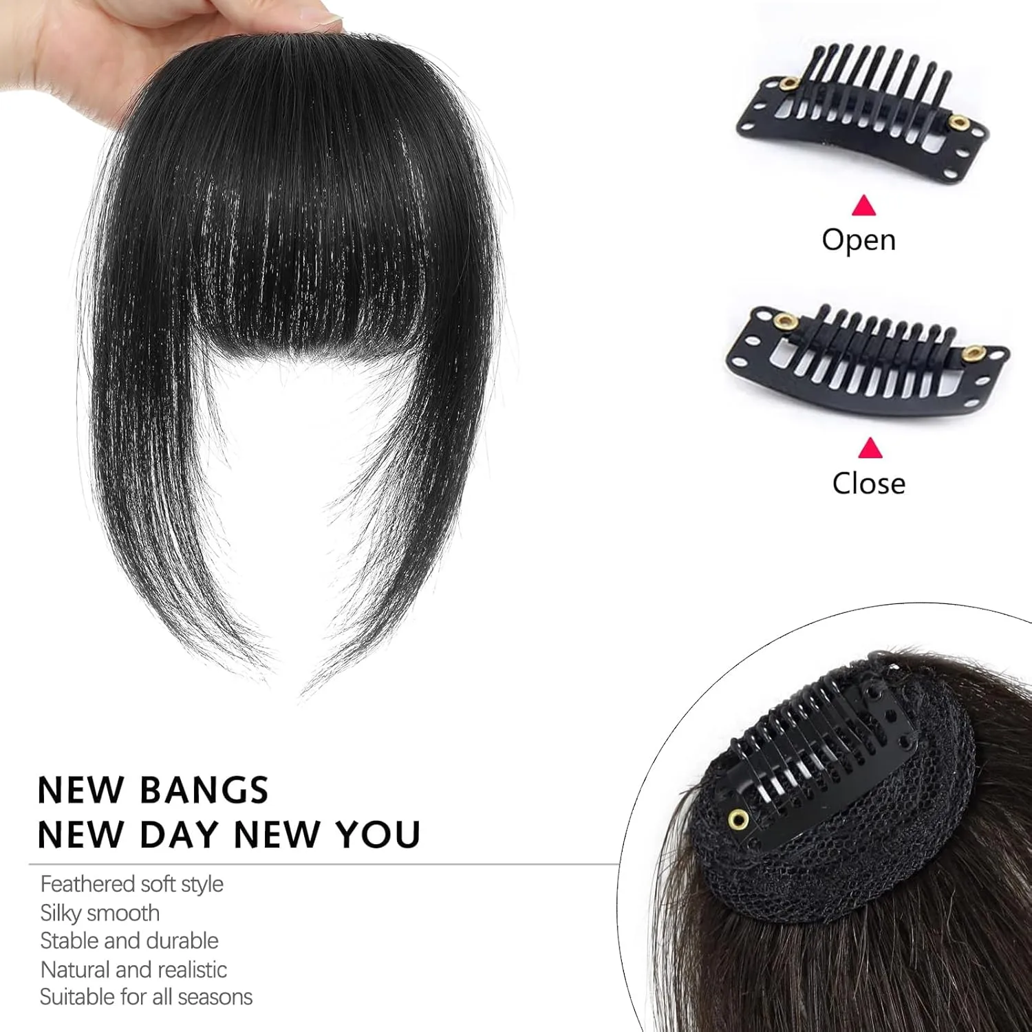 Clip In Bangs-Fake Bangs Hair Clip Natural Black Clip On Bangs Real Human Hair Curtain Bangs For Women Clips French Bangs Hair Extensions Fringe With Temples Hairpieces Curved Bangs For Daily Wear