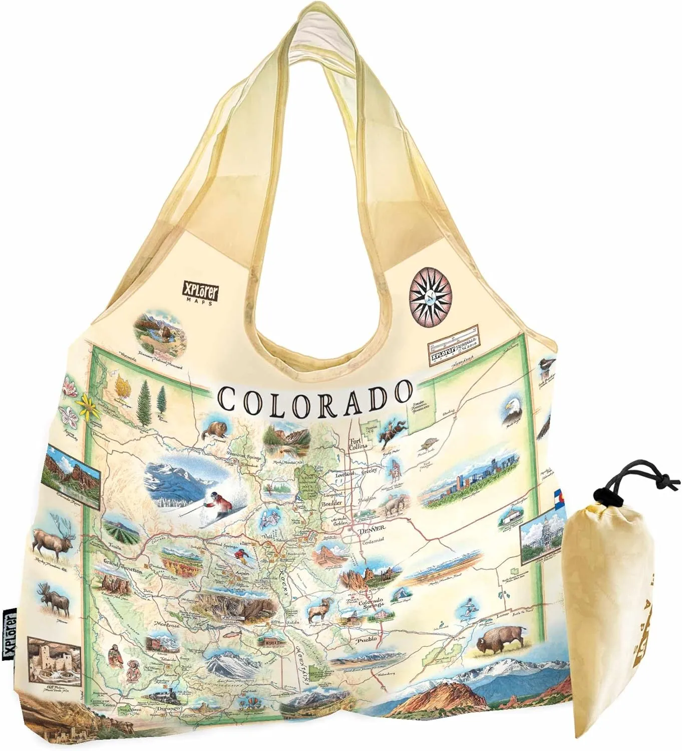 Colorado State Map Pouch Tote with Handles – Reusable Grocery Shopping Bag, Foldable & Eco-Friendly Nylon, Heavy-Duty & Compact Travel Tote, 18"x25"