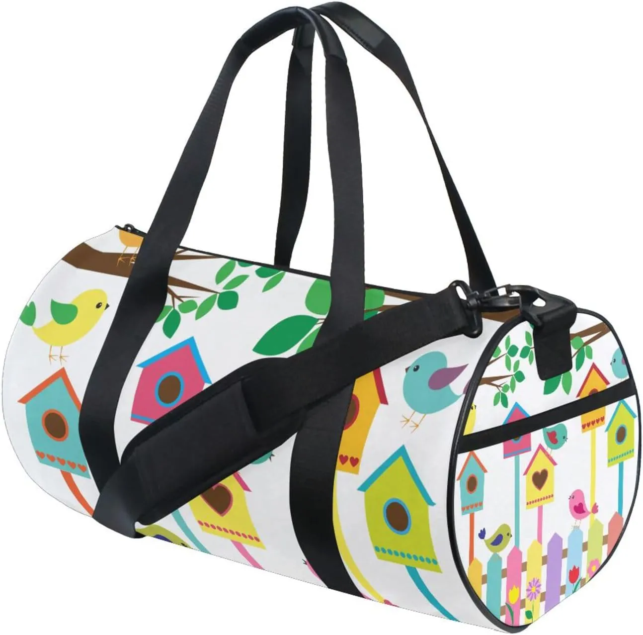 Colorful Birds and Birdhouses Raster Tree Branches Leaves Flowers Portable Gym Bag, Travel Bag, Luggage bag, Sports Bag, Toiletry Bag with Handles, Detachable Shoulder Strap 17.6 x 9 x 9 inch