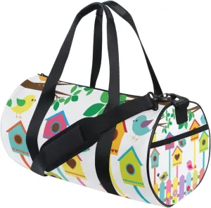 Colorful Birds and Birdhouses Raster Tree Branches Leaves Flowers Portable Gym Bag, Travel Bag, Luggage bag, Sports Bag, Toiletry Bag with Handles, Detachable Shoulder Strap 17.6 x 9 x 9 inch