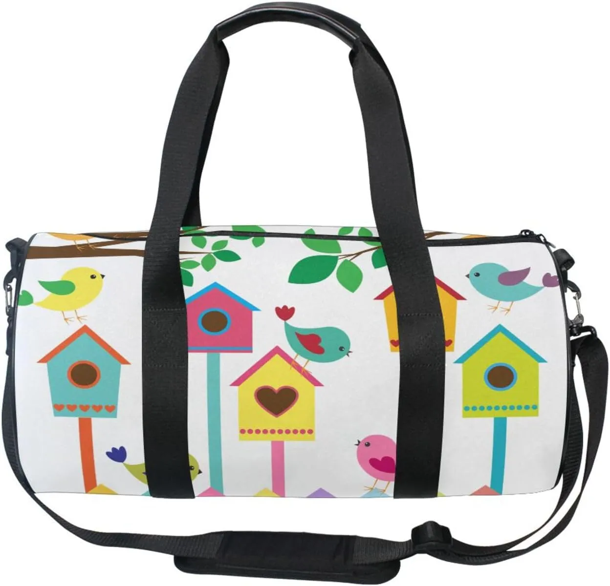 Colorful Birds and Birdhouses Raster Tree Branches Leaves Flowers Portable Gym Bag, Travel Bag, Luggage bag, Sports Bag, Toiletry Bag with Handles, Detachable Shoulder Strap 17.6 x 9 x 9 inch