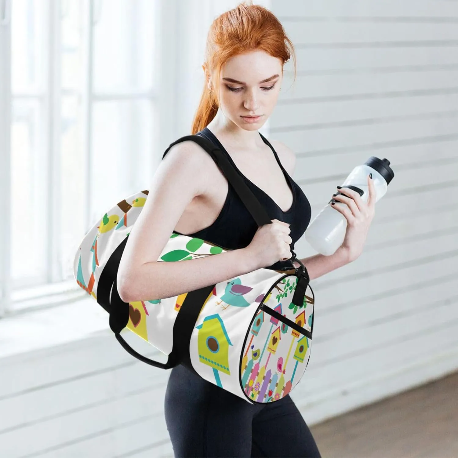 Colorful Birds and Birdhouses Raster Tree Branches Leaves Flowers Portable Gym Bag, Travel Bag, Luggage bag, Sports Bag, Toiletry Bag with Handles, Detachable Shoulder Strap 17.6 x 9 x 9 inch