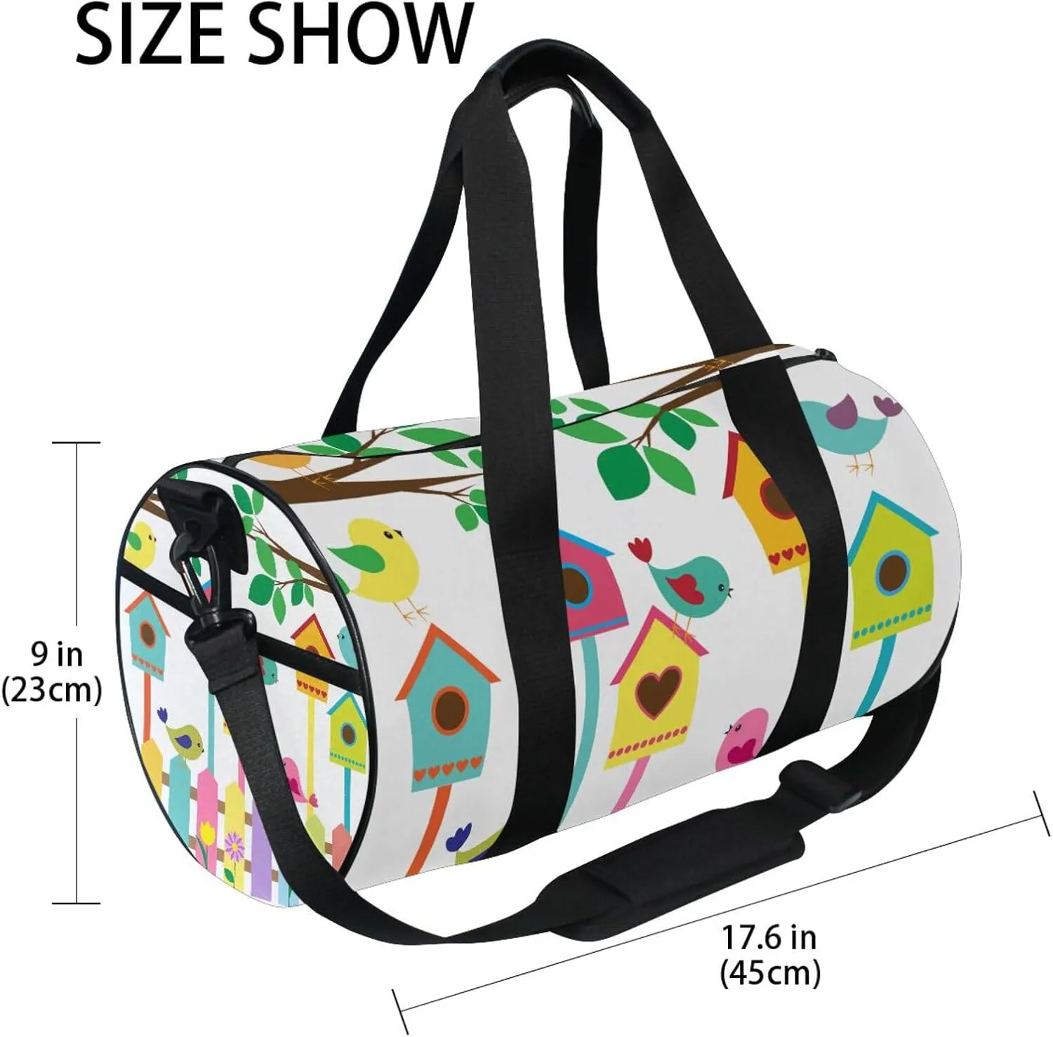 Colorful Birds and Birdhouses Raster Tree Branches Leaves Flowers Portable Gym Bag, Travel Bag, Luggage bag, Sports Bag, Toiletry Bag with Handles, Detachable Shoulder Strap 17.6 x 9 x 9 inch
