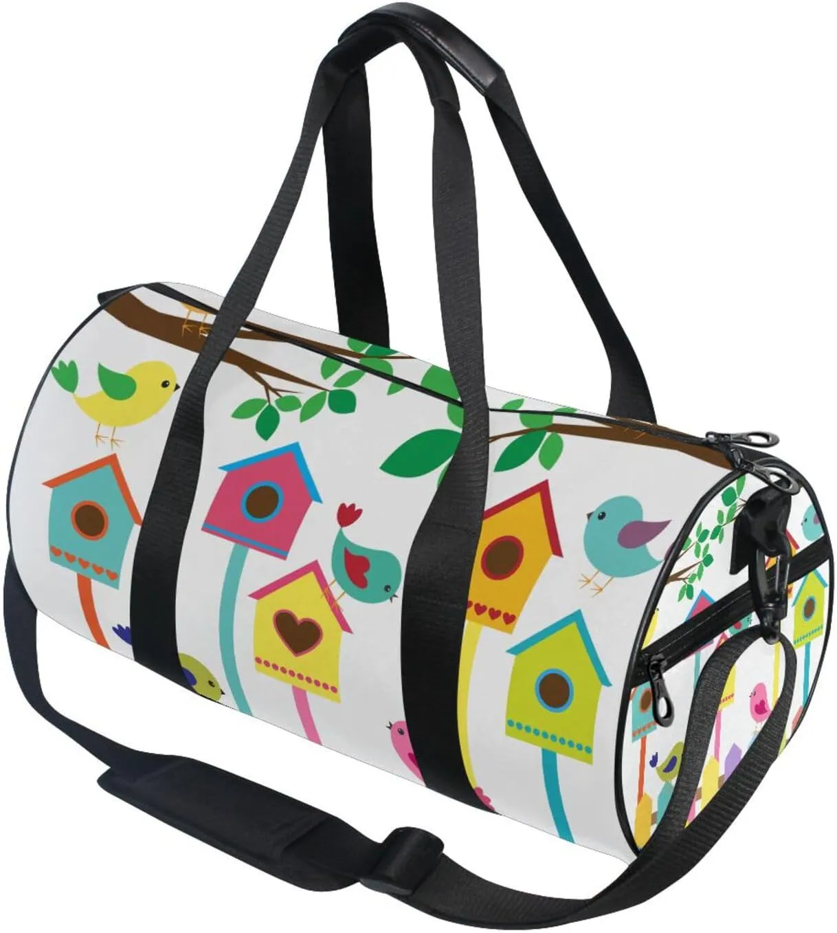 Colorful Birds and Birdhouses Raster Tree Branches Leaves Flowers Portable Gym Bag, Travel Bag, Luggage bag, Sports Bag, Toiletry Bag with Handles, Detachable Shoulder Strap 17.6 x 9 x 9 inch