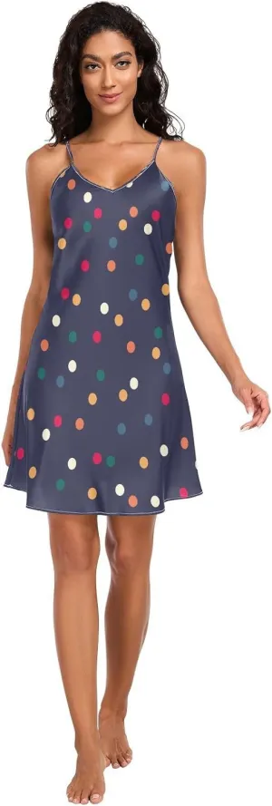 Colorful Polka Dots Women's Satin Slip Dress, Satin Cami Dress, Sleeveless Night Shirts for Woman, S