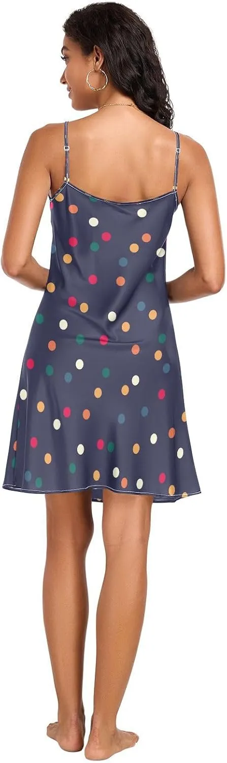 Colorful Polka Dots Women's Satin Slip Dress, Satin Cami Dress, Sleeveless Night Shirts for Woman, S