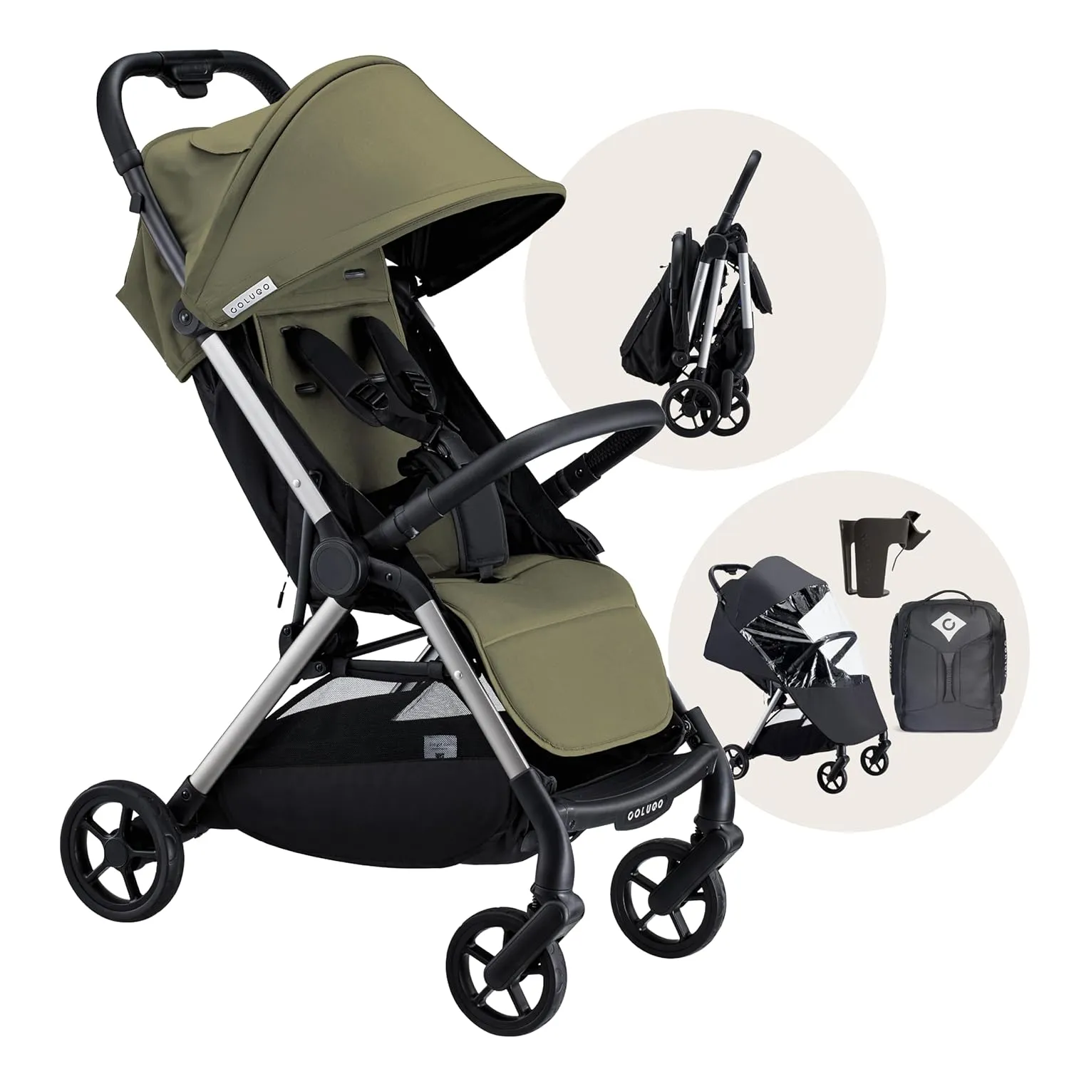 Colugo The One Stroller - Lightweight Easy Fold Compact Toddler and Baby Stroller for Travel, Large Storage Basket, One Hand Fold, Includes Raincover, Bumper Bar, Cupholder (Olive)