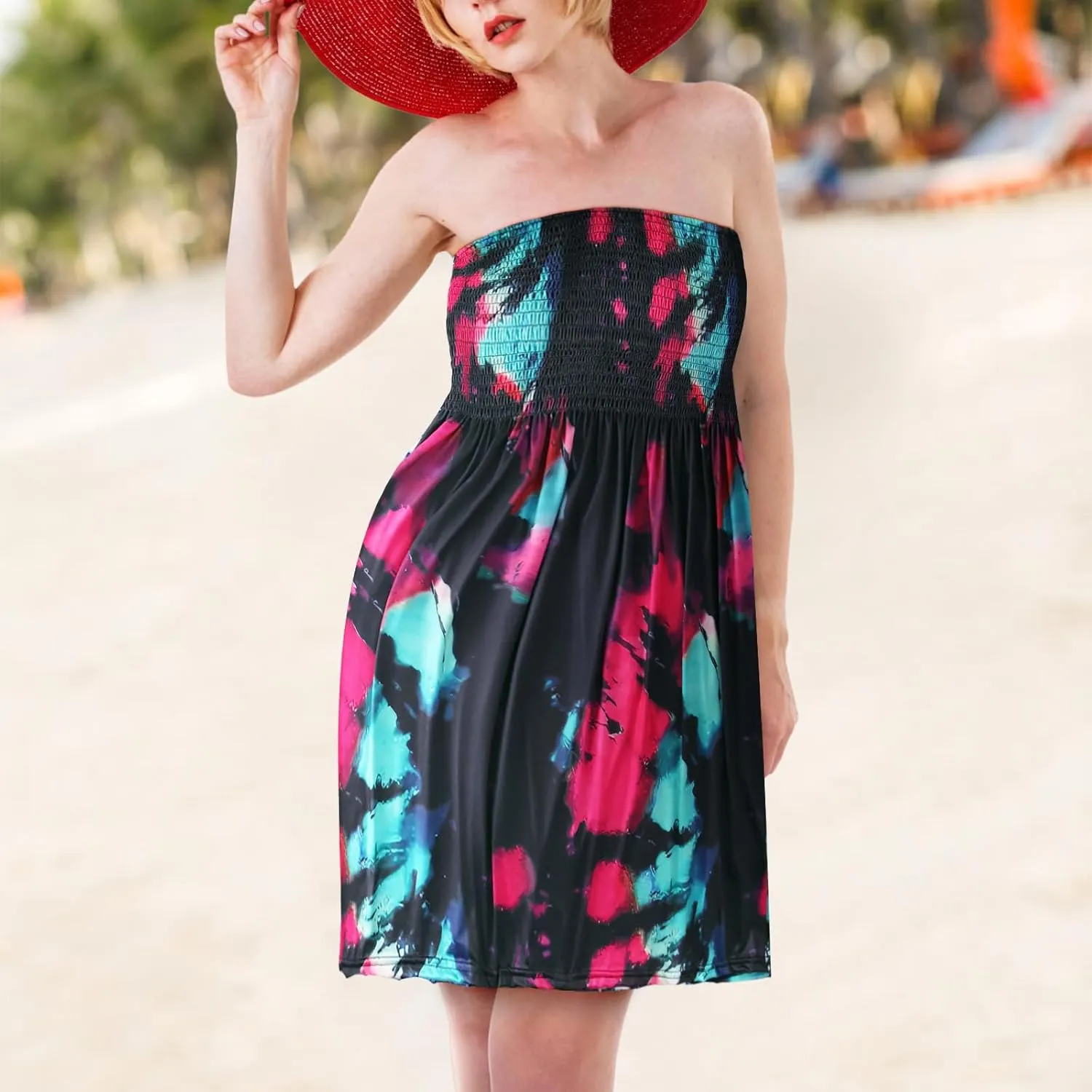 Comeon Women Tube Top Dress Strapless Summer Dress Cover Ups Pleated Off Shoulder Tunic Sundresses Sleeveless Casual Dresses