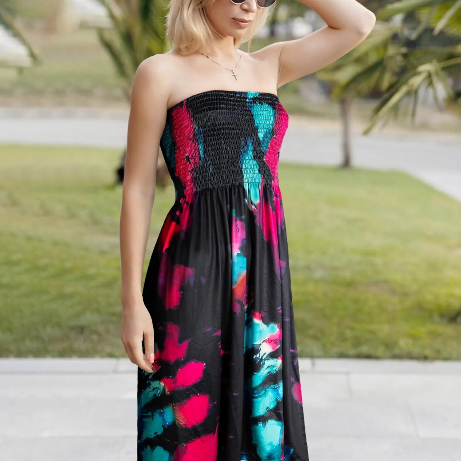 Comeon Women Tube Top Dress Strapless Summer Dress Cover Ups Pleated Off Shoulder Tunic Sundresses Sleeveless Casual Dresses