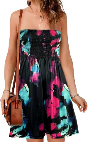 Comeon Women Tube Top Dress Strapless Summer Dress Cover Ups Pleated Off Shoulder Tunic Sundresses Sleeveless Casual Dresses
