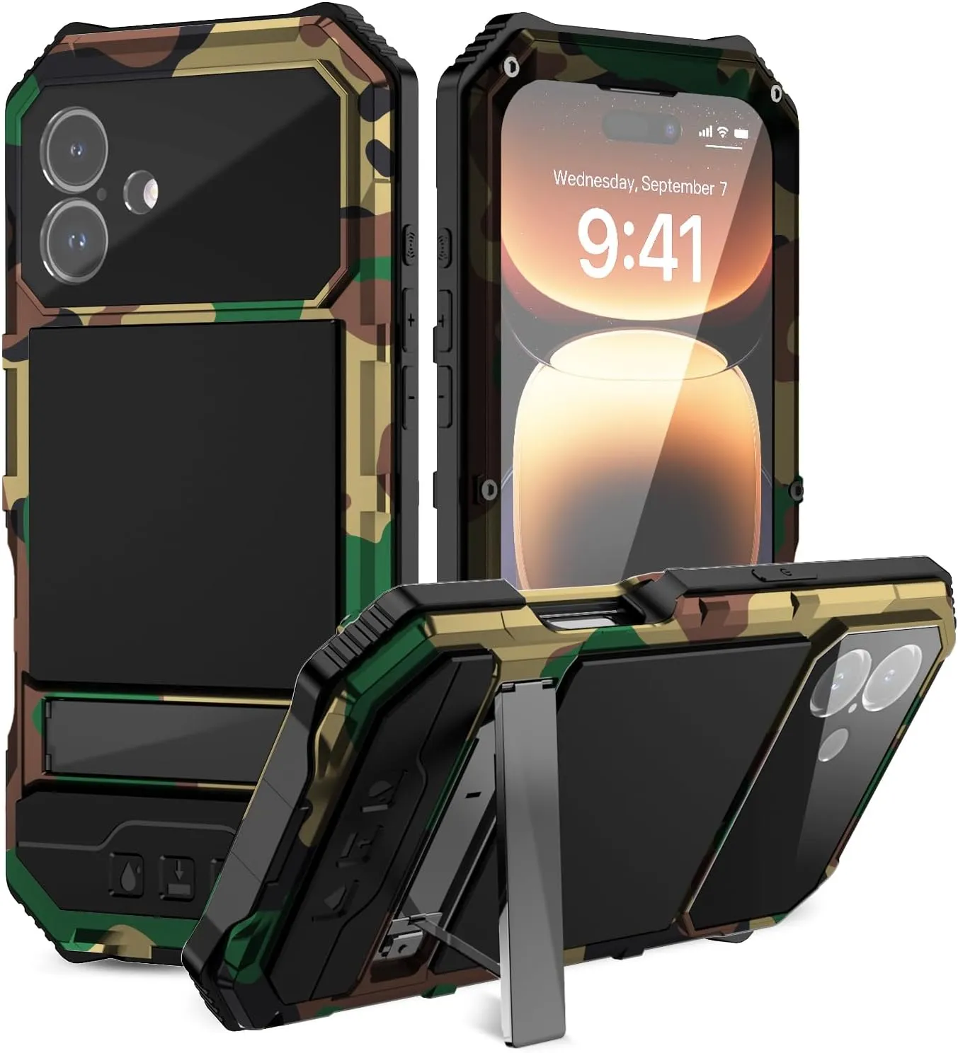 Compatibility with iPhone 16 Plus Case 6.7'' 2024 Heavy Duty Protection with Built in Lens Screen Protector Rugged Stand 360 Full Body Military Grade Metal Bumper Phone Cases Men Camouflage