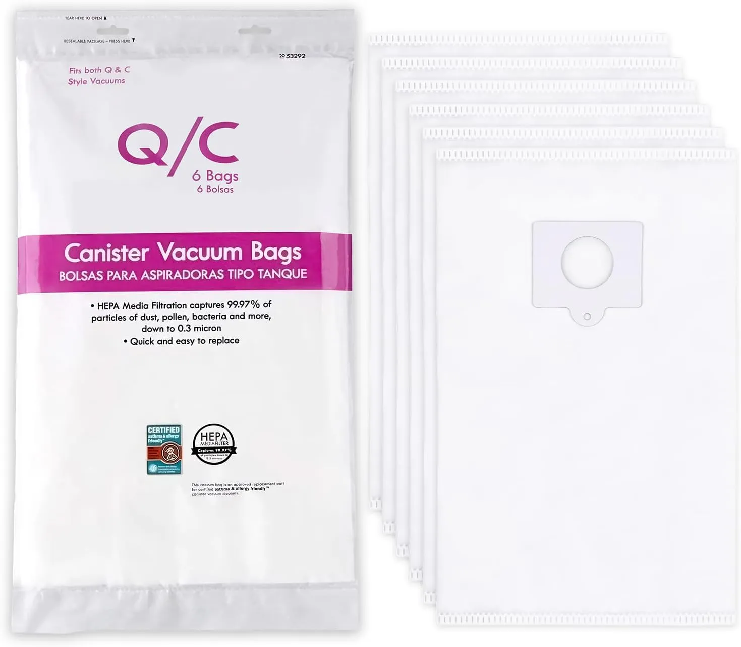 Compatible with Kenmore 53292 Type Q/C HEPA Canister Vacuum Bags for Canister Vacuum 81214, 81414, 81714, 21814, BC2005, BC3005, 81615, BC7005, 6-Pack (white)