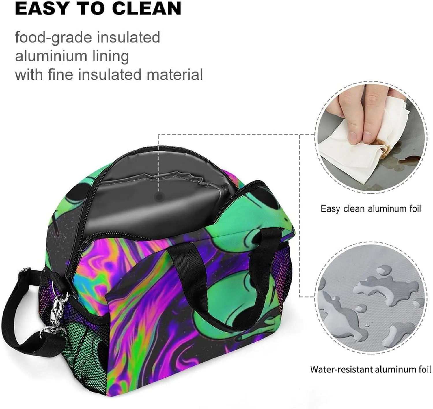 Cool Alien Tie Dye Art Adjustable Shoulder Strap Insulated And Leak Proof Premium Lunch Bag Unisex