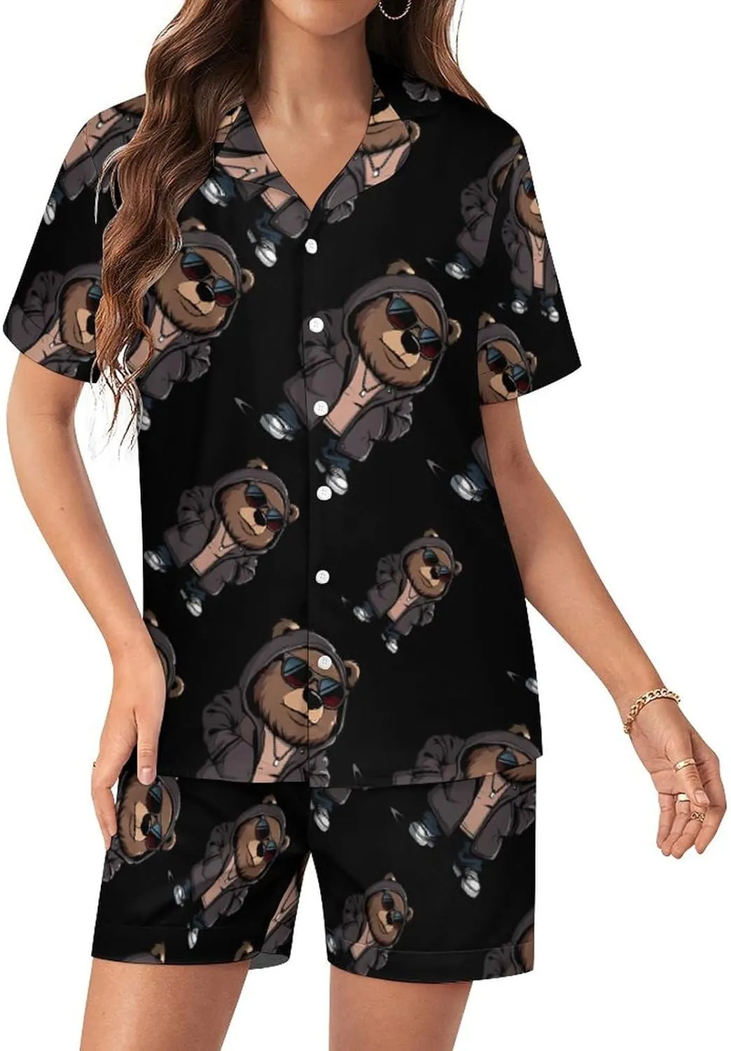 Cool Bear Women's Satin Pajama Set Short Sleeve Button Down Sleepwear Loungewear Pj Set