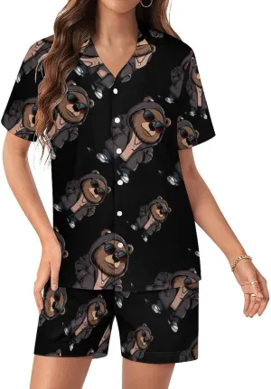 Cool Bear Women's Satin Pajama Set Short Sleeve Button Down Sleepwear Loungewear Pj Set