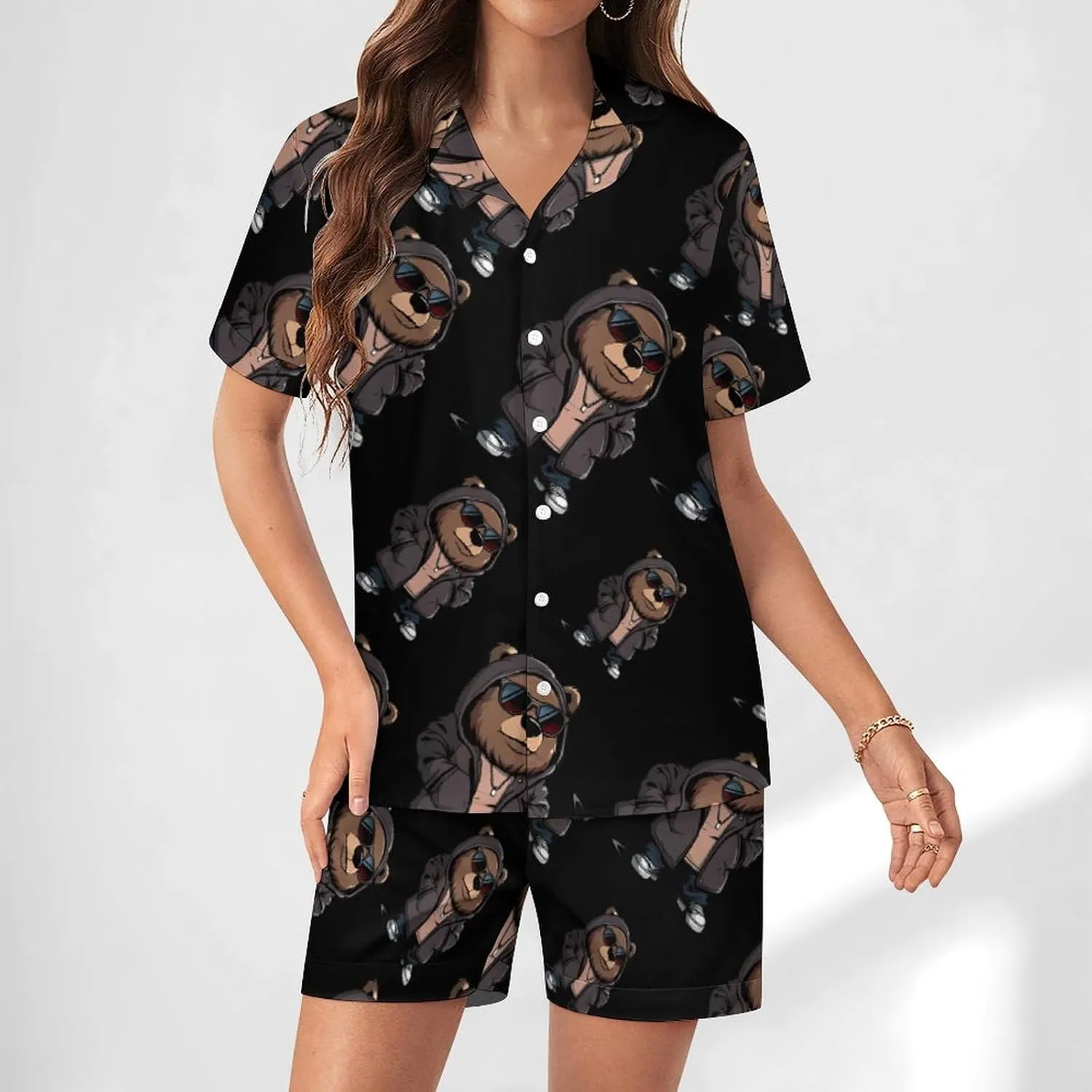 Cool Bear Women's Satin Pajama Set Short Sleeve Button Down Sleepwear Loungewear Pj Set