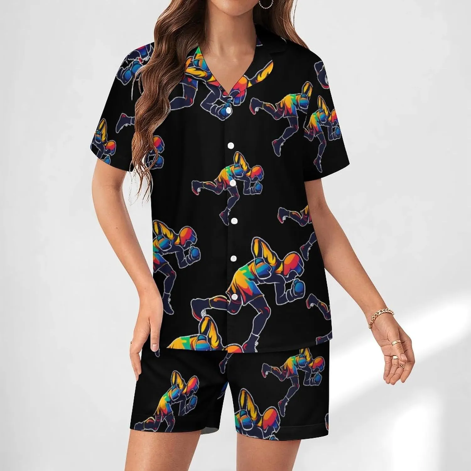 Cool Boxing Boxer Women's Satin Pajama Set Short Sleeve Button Down Sleepwear Loungewear Pj Set
