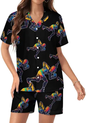 Cool Boxing Boxer Women's Satin Pajama Set Short Sleeve Button Down Sleepwear Loungewear Pj Set
