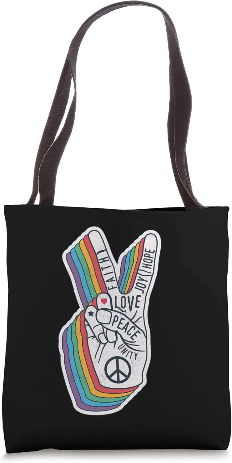 Cool Colorful Hand Makes Peace Love Unity Faith Joy Hope Tote Bag