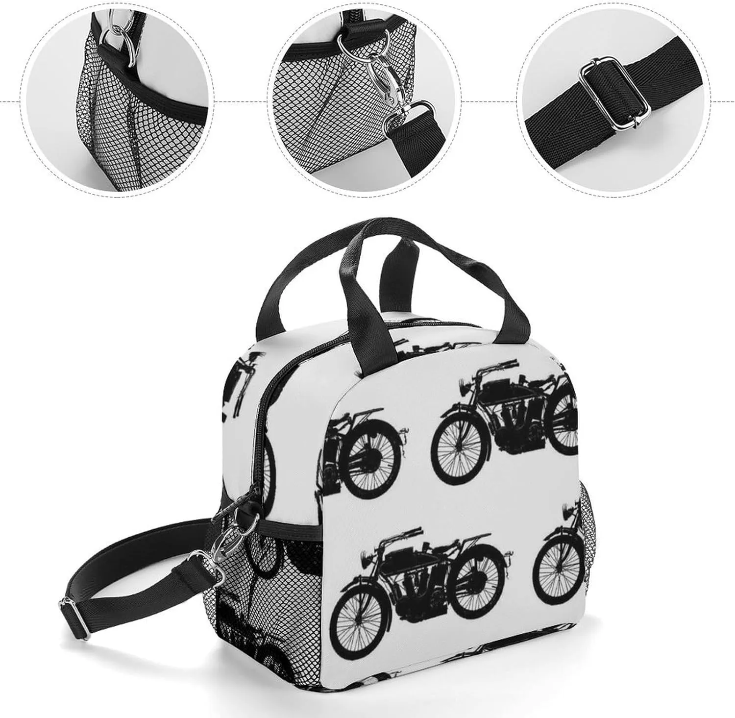 Cool Crazy White Black Motorcycle Adjustable Shoulder Strap Insulated And Leak Proof Premium Lunch Bag Unisex