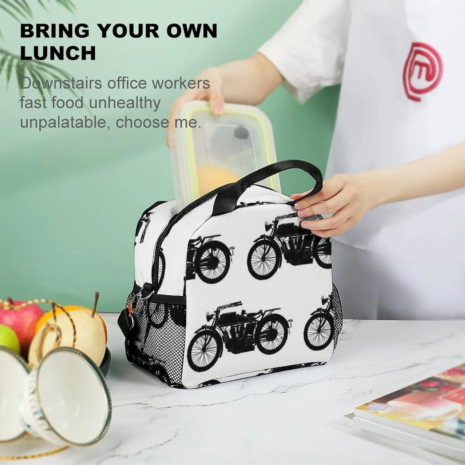 Cool Crazy White Black Motorcycle Adjustable Shoulder Strap Insulated And Leak Proof Premium Lunch Bag Unisex