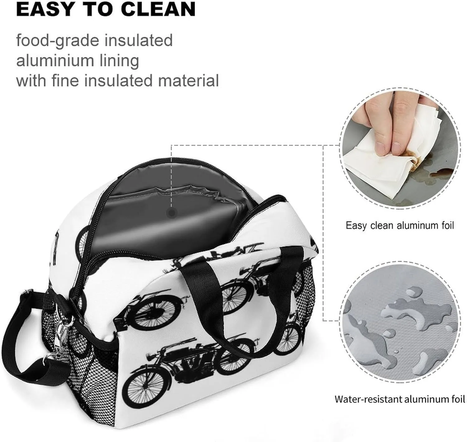 Cool Crazy White Black Motorcycle Adjustable Shoulder Strap Insulated And Leak Proof Premium Lunch Bag Unisex