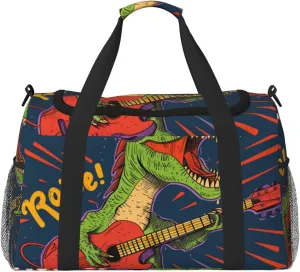 Cool Dinosaur Playing Guitar Travel Duffel Bag Tote Bag Sports Gym Bag For Women And Men