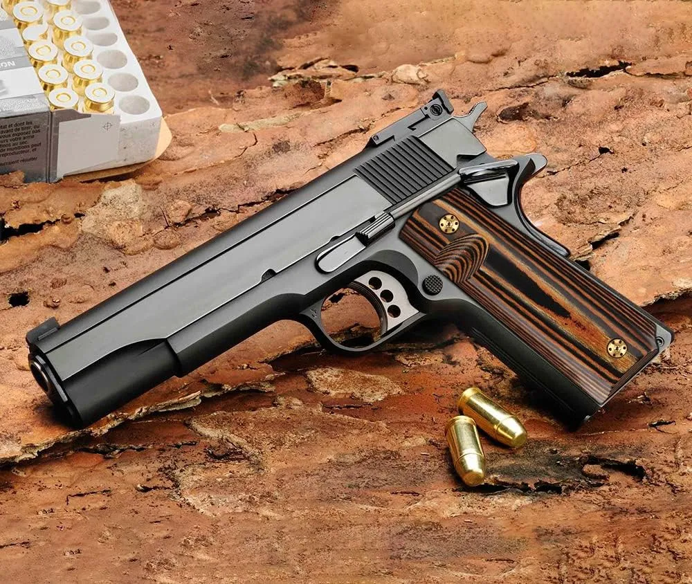 Cool Hand 1911 Full Size Grips, Government/Commander, High Polished Wood, Gold Gun Grips Screws Included, Mag Release, Ambi Safety Cut, 1/4" Thin