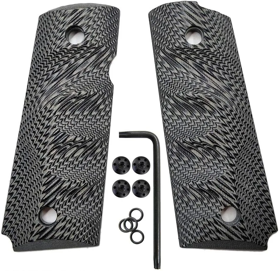 Cool Hand 1911 Grips for Compact/Officer/Kimber Ultra Carry ii, Black Gun Screws Included, for Left and Right Handed, Finger Grooves, with Ambi Safety Cut, Grey/Black G10
